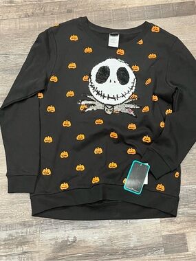 Black Jack Skellington Sequin Pumpkin Crewneck Sweatshirt Girl’s XL 14/16 new